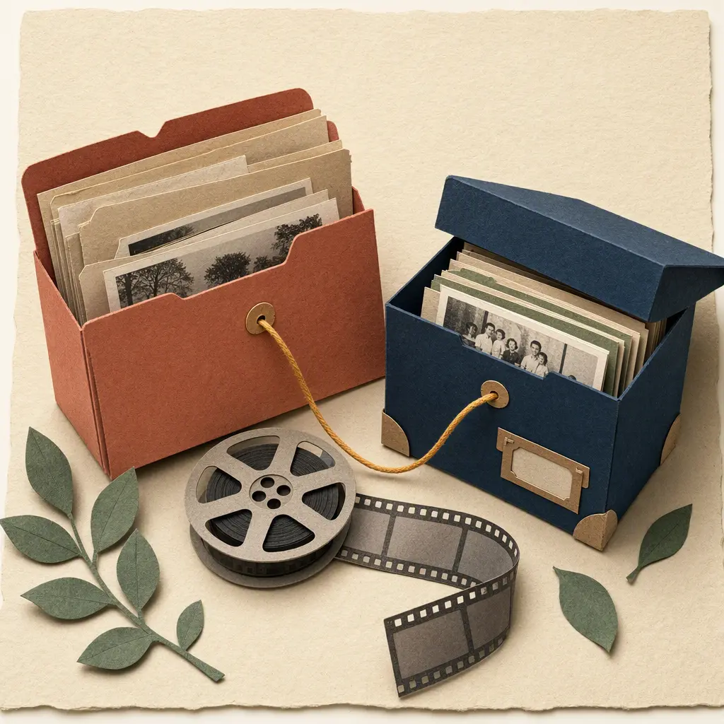 A handmade-paper source folder and archive box joined by a thread, with a film reel between them.